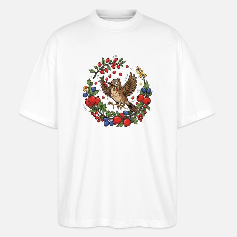 Fröhlicher Vogel im Beerenkranz - Stanley/Stella Oversized Unisex Bio T-Shirt Blaster 2.0 - Weiß