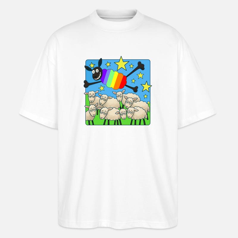 Rainbow sloth above sleeping sheep - Stanley/Stella Oversized Unisex Organic T-shirt Blaster 2.0 - white