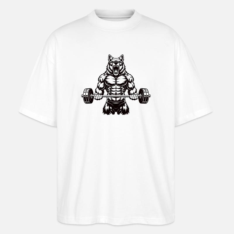 Kraftvoller Wolf mit Langhantel - Stanley/Stella Oversized Unisex Bio T-Shirt Blaster 2.0 - Weiß