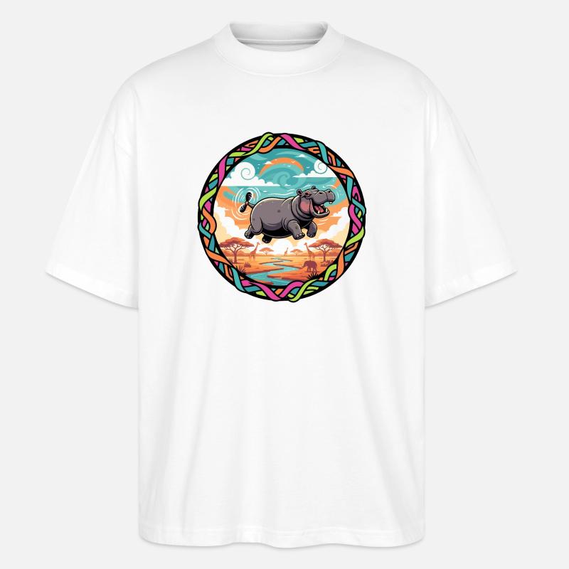 Witziger Hippo fliegendes Nilpferd bunt Savanne  - Stanley/Stella Oversized Unisex Bio T-Shirt Blaster 2.0 - Weiß