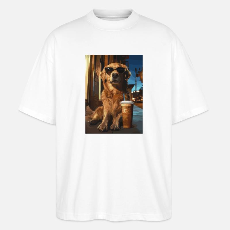 Golden Retriever mit Eiskaffee - Stanley/Stella Oversized Unisex Bio T-Shirt Blaster 2.0 - Weiß