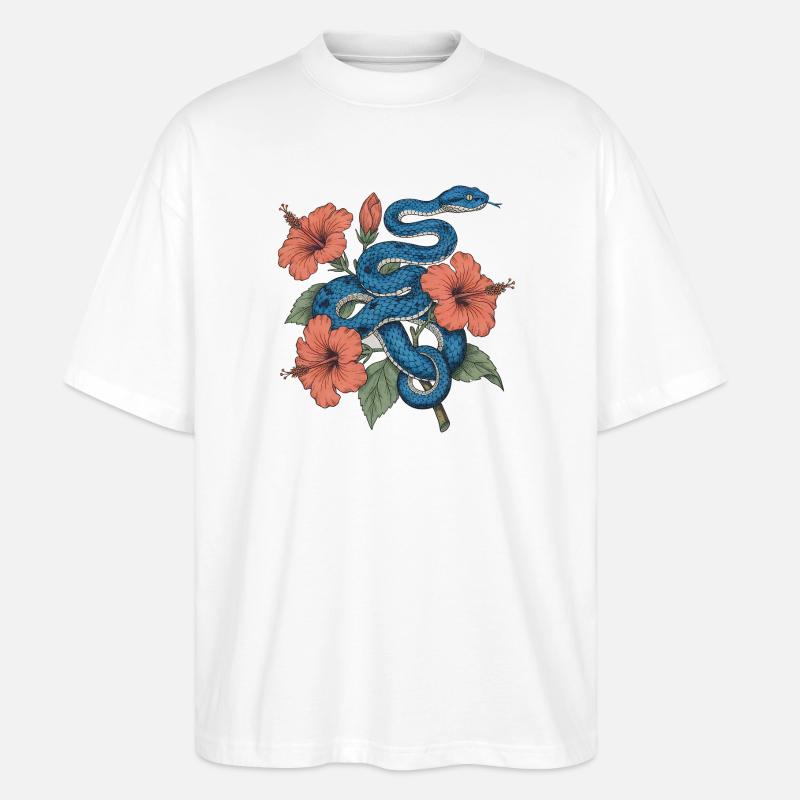 Azure Serpent Amid Hibiscus - Stanley/Stella Oversize Unisex Øko T-shirt Blaster 2.0 - hvid