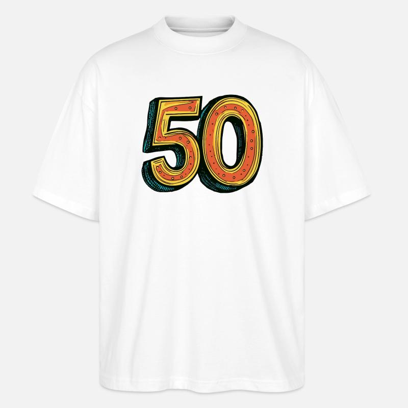 50 Zahl Bunt - Stanley/Stella Oversized Unisex Bio T-Shirt Blaster 2.0 - Weiß