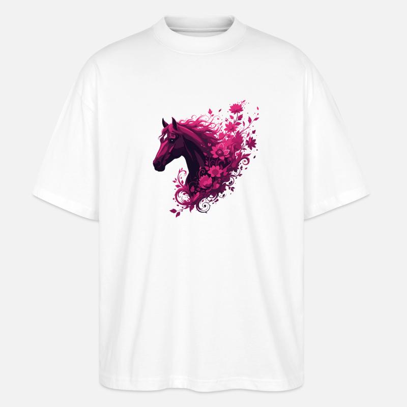 Cheval magenta avec tourbillon de fleurs - T-shirt bio Blaster 2.0 coupe oversize Stanley/Stella Unisexe - blanc