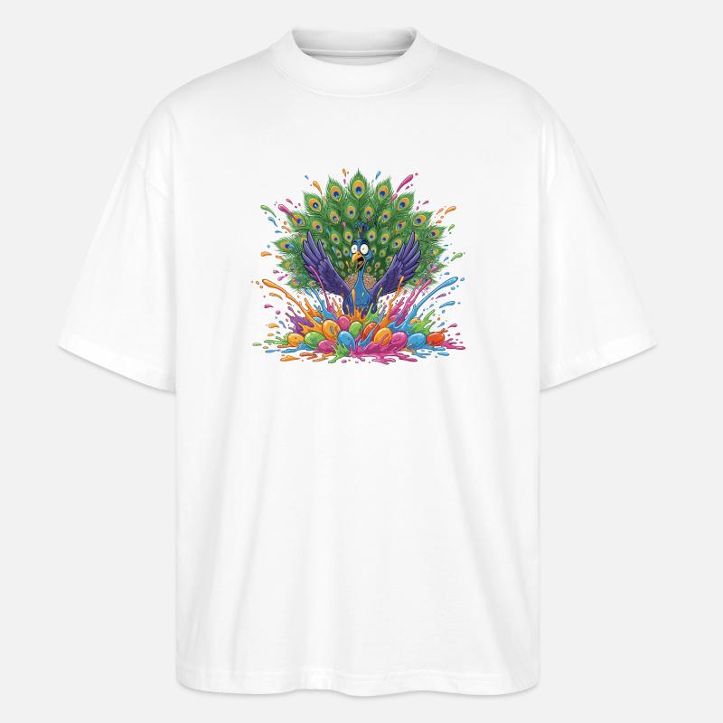 Pfau mit Farbschleuder-Panorama - Stanley/Stella Oversized Unisex Bio T-Shirt Blaster 2.0 - Weiß