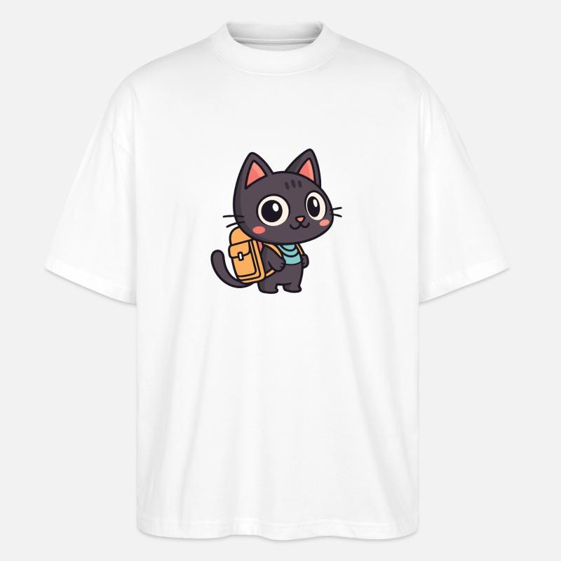 Chat explorateur mignon à cartable - T-shirt bio Blaster 2.0 coupe oversize Stanley/Stella Unisexe - blanc