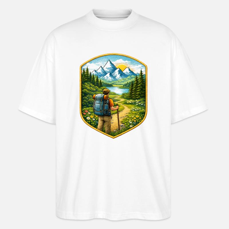 Wanderer Patch mit Berglandschaft  - Stanley/Stella Oversized Unisex Bio T-Shirt Blaster 2.0 - Weiß