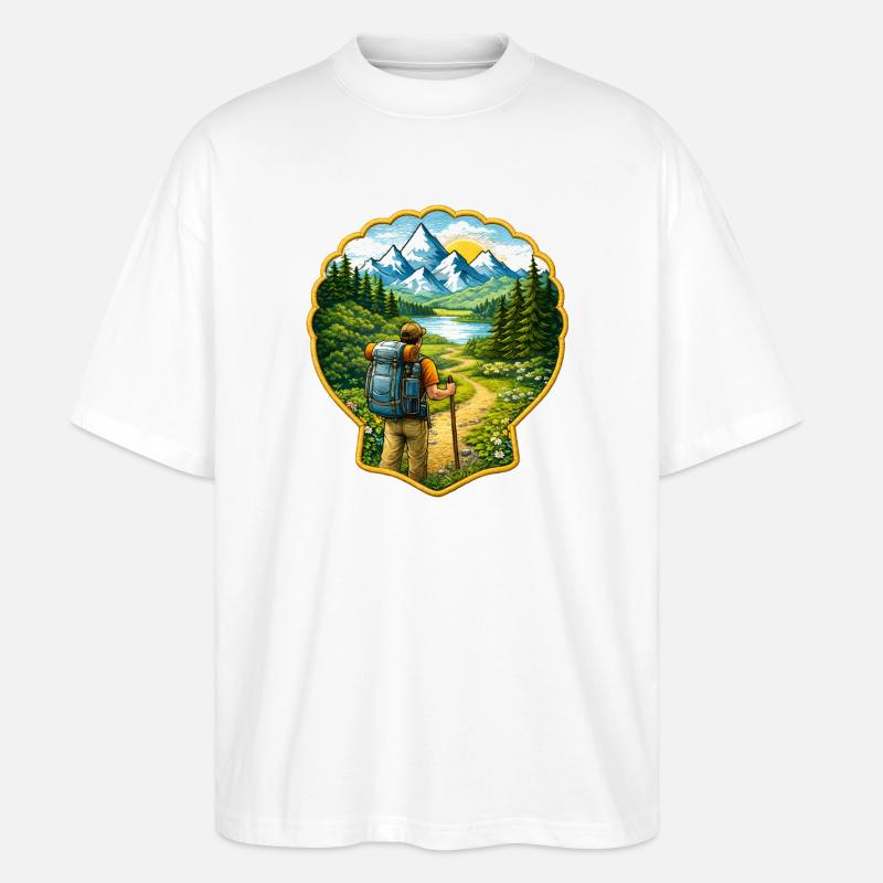 Jakobsweg Patch mit Jakobsmuschel  - Stanley/Stella Oversized Unisex Bio T-Shirt Blaster 2.0 - Weiß