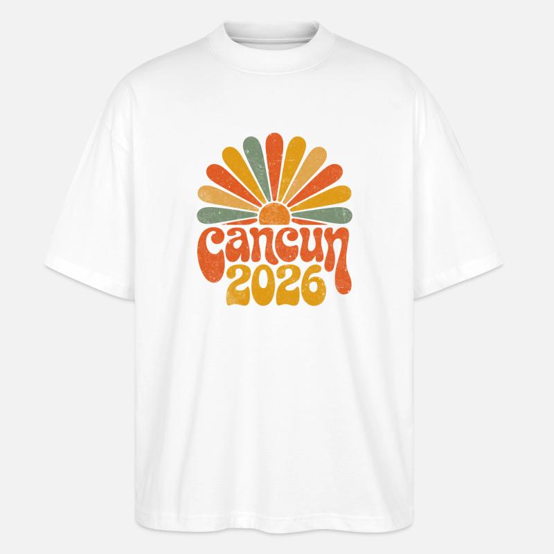 Cancún 2026 Coucher de soleil rétro - T-shirt bio Blaster 2.0 coupe oversize Stanley/Stella Unisexe - blanc