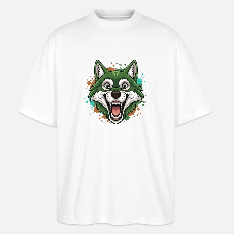 Grüner Wolf mit Farbspritzern - Stanley/Stella Oversized Unisex Bio T-Shirt Blaster 2.0 - Weiß