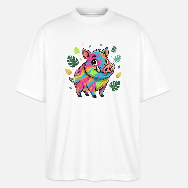 Regenbogen Schwein mit Herbstlaub - Stanley/Stella Oversized Unisex Bio T-Shirt Blaster 2.0 - Weiß
