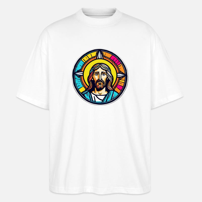 Jesus, buntes Buntglas - Stanley/Stella Oversized Unisex Bio T-Shirt Blaster 2.0 - Weiß