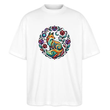 Stylisches Fuchs Mond Rosen Ranken Sterne Mandala - Stanley/Stella Oversized Unisex Bio T-Shirt Blaster 2.0 - Weiß - Vorne - Alina (178cm) & Michal (187cm)