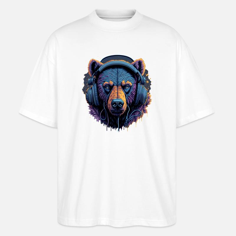 Neonbär mit Kopfhörern DJ - Stanley/Stella Oversized Unisex Bio T-Shirt Blaster 2.0 - Weiß