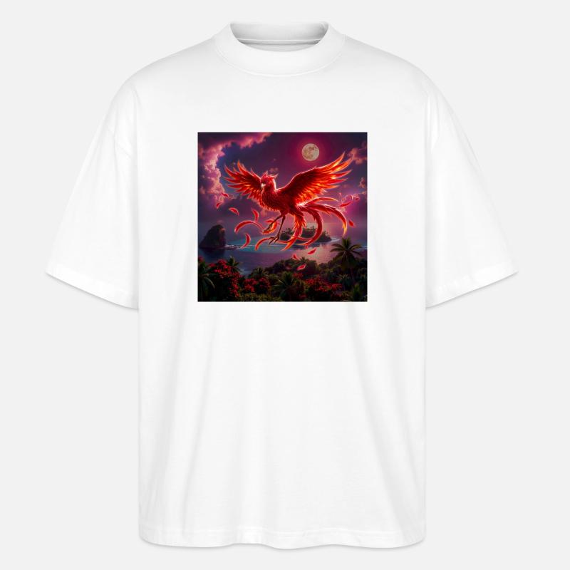 Crimson Phoenix über tropischen Inseln - Stanley/Stella Oversized Unisex Bio T-Shirt Blaster 2.0 - Weiß