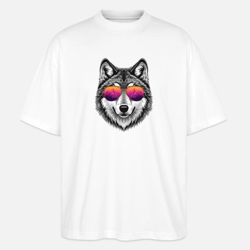 Cool Wolf with Sunglasses Graphic Tee - Stanley/Stella Oversized Unisex Organic T-shirt Blaster 2.0 - white