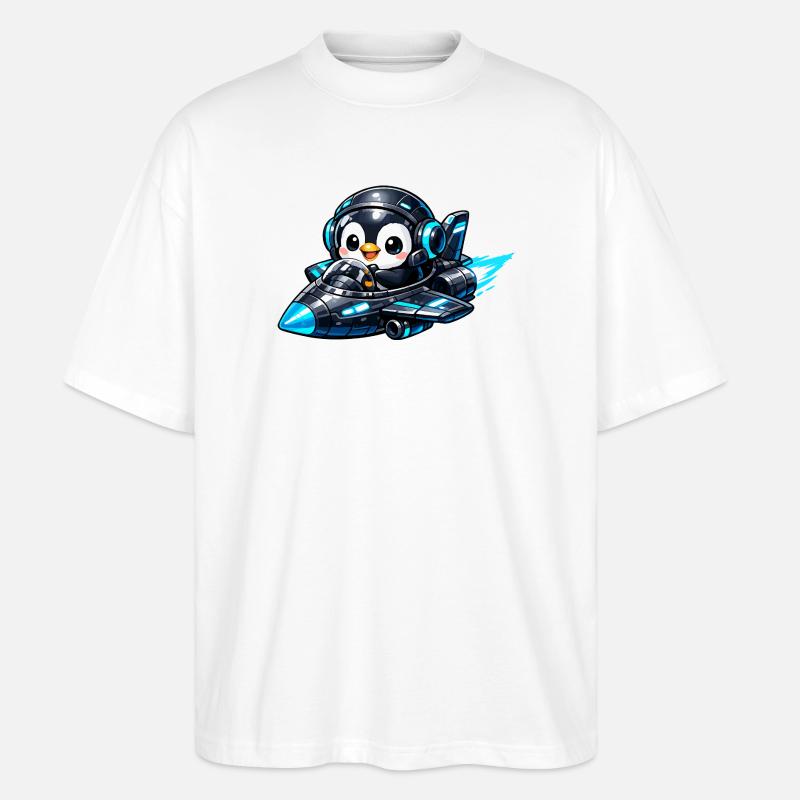 Neon penguin pilot in rocket jet - Stanley/Stella Oversized Unisex Organic T-shirt Blaster 2.0 - white