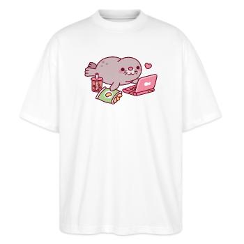 Un joli phoque dodu qui se détend avec un ordinateur portable et du thé boba - T-shirt bio Blaster 2.0 coupe oversize Stanley/Stella Unisexe - blanc - Devant - Alina (178cm) & Michal (187cm)
