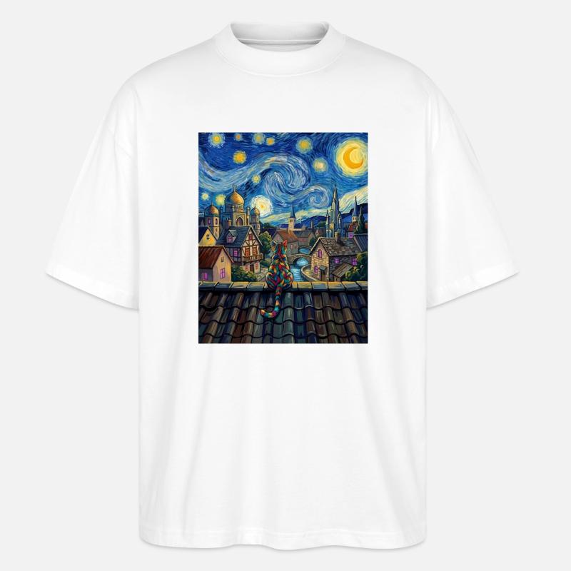 Regenbogenkatze Sternennacht Van Gogh Kunst - Stanley/Stella Oversized Unisex Bio T-Shirt Blaster 2.0 - Weiß