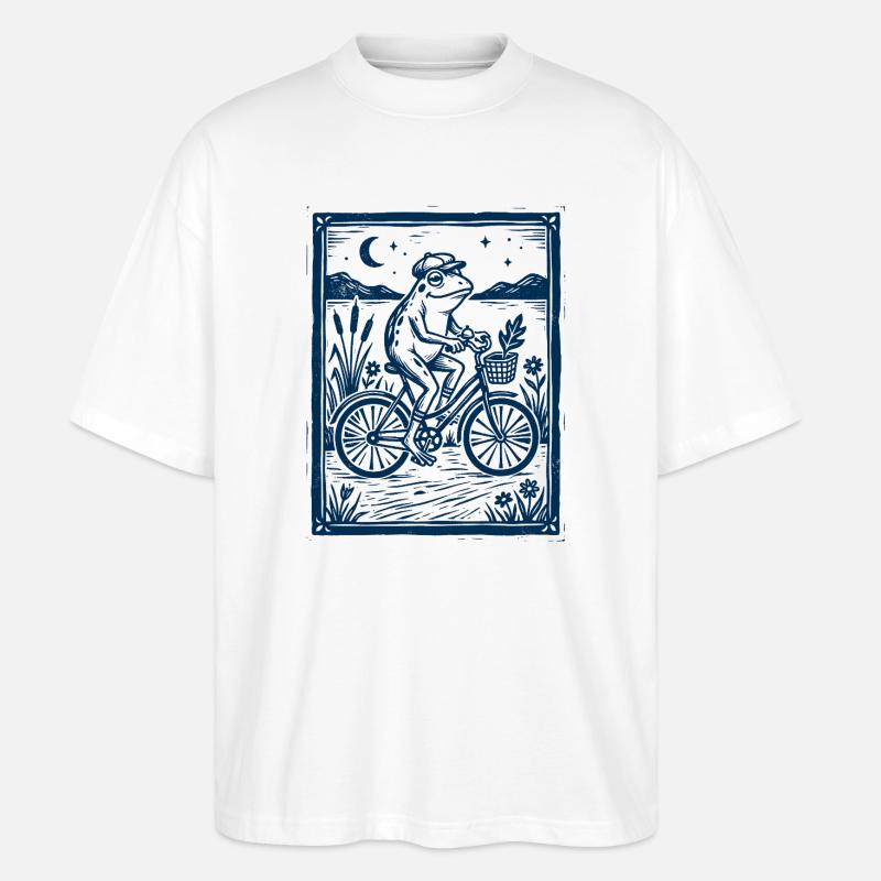 Frog on Bicycle – Woodcut Gift - Stanley/Stella Oversized Unisex Organic T-shirt Blaster 2.0 - white