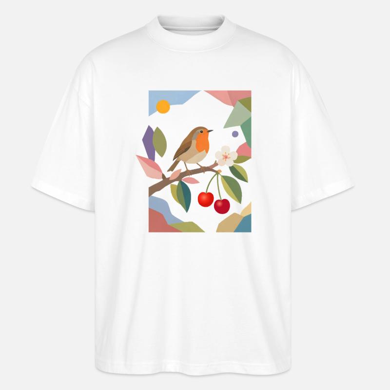 Robin Bird on Branch Cherry Design - Stanley/Stella Oversized Unisex Organic T-shirt Blaster 2.0 - white