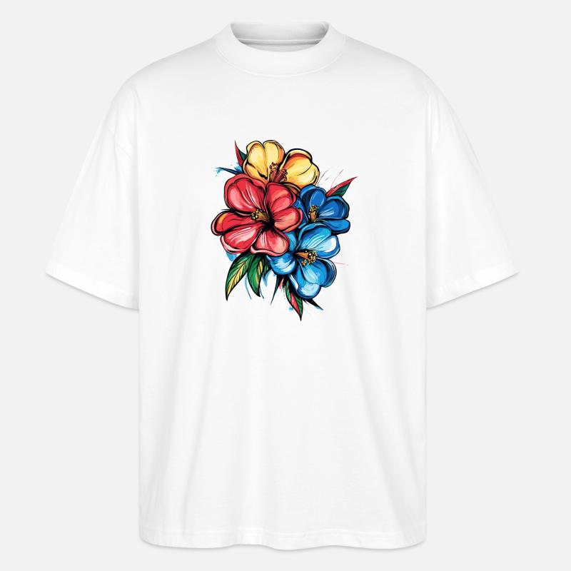 Explosion de l’hibiscus tropical - T-shirt bio Blaster 2.0 coupe oversize Stanley/Stella Unisexe - blanc