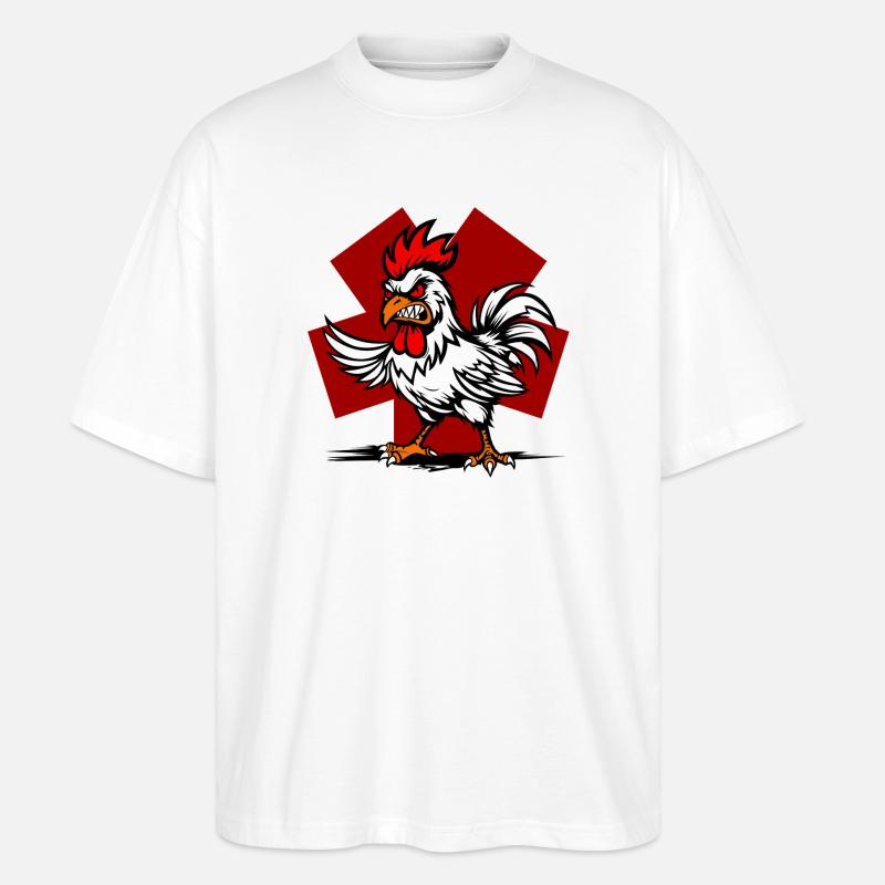 Karikaturhahn auf rotem Hintergrund - Stanley/Stella Oversized Unisex Bio T-Shirt Blaster 2.0 - Weiß