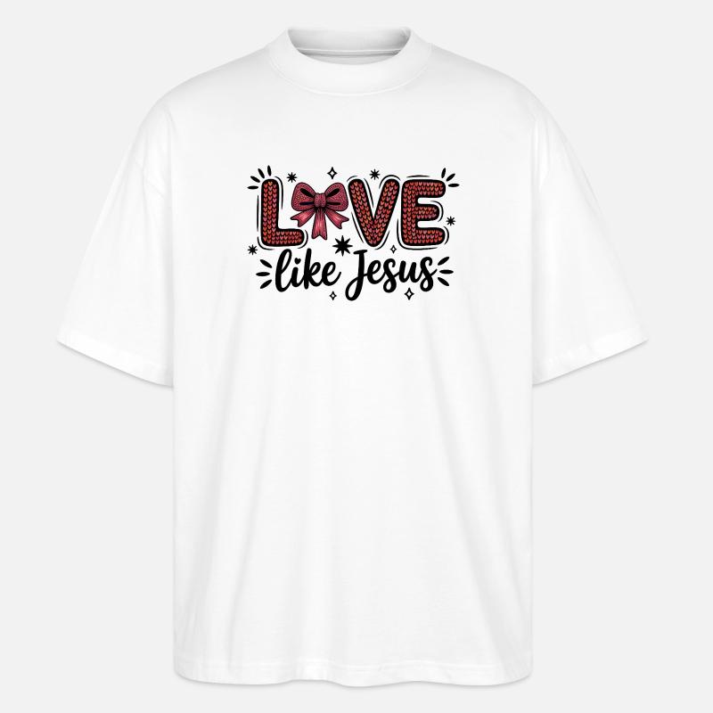 Love Like Jesus Heart Scripture Bow - Stanley/Stella Oversized Unisex Organic T-shirt Blaster 2.0 - white