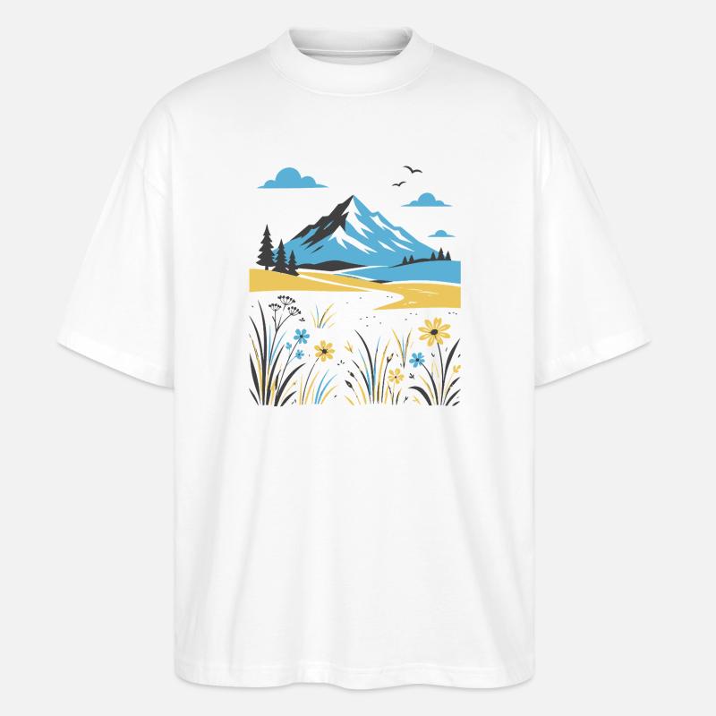 Berglandschaft mit Blütenwiesen - Stanley/Stella Oversized Unisex Bio T-Shirt Blaster 2.0 - Weiß