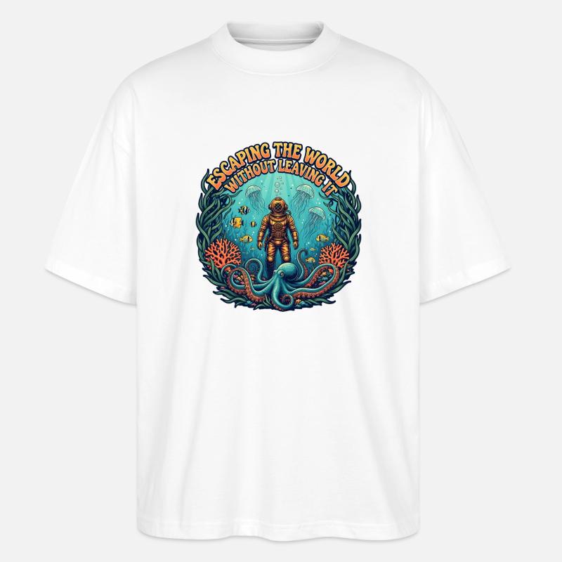 Fuir le monde sous l’eau | Plongée - T-shirt bio Blaster 2.0 coupe oversize Stanley/Stella Unisexe - blanc