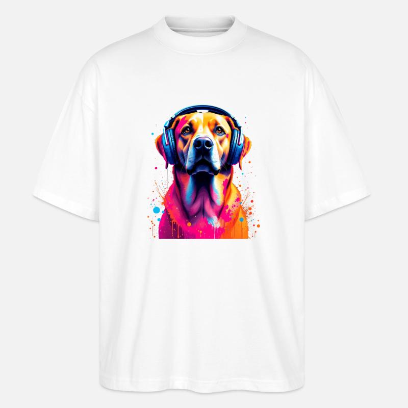 Labbi Labrador mit Kopfhörer - Stanley/Stella Oversized Unisex Bio T-Shirt Blaster 2.0 - Weiß