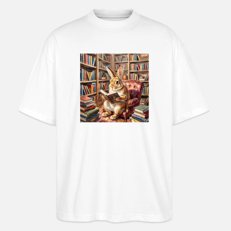 Library Rabbit Reading Portrait - Stanley/Stella Oversized Unisex Organic T-shirt Blaster 2.0 - white