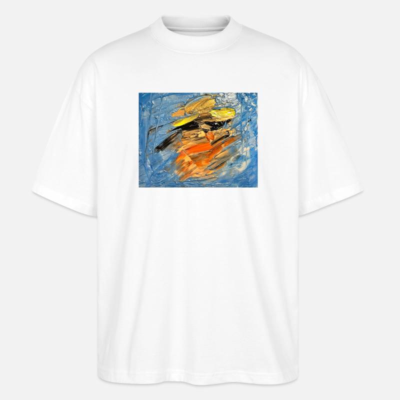 Blauer Farbwirbel im Orange - Stanley/Stella Oversized Unisex Bio T-Shirt Blaster 2.0 - Weiß