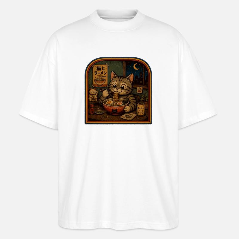 Katze beim Ramenessen - Stanley/Stella Oversized Unisex Bio T-Shirt Blaster 2.0 - Weiß