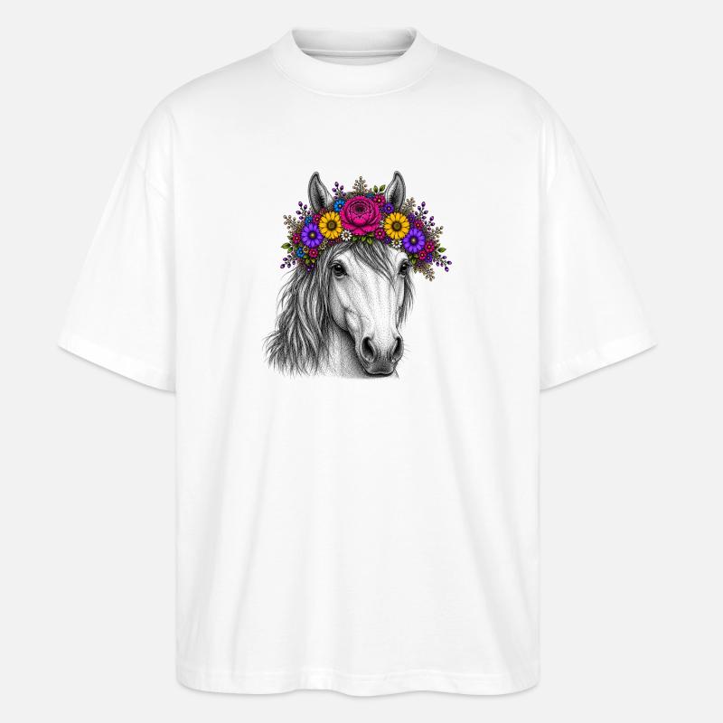 Pferd mit Blumenkranz - Stanley/Stella Oversized Unisex Bio T-Shirt Blaster 2.0 - Weiß