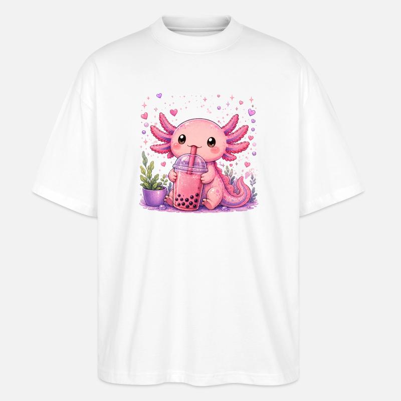 Axolot rose avec bubble tea - T-shirt bio Blaster 2.0 coupe oversize Stanley/Stella Unisexe - blanc