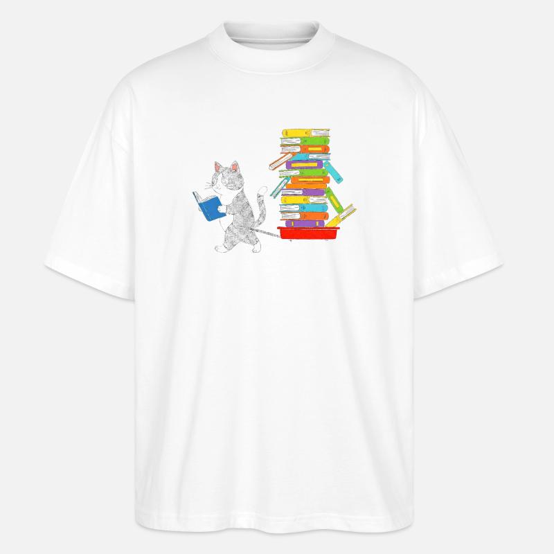 Lesekätzchen zieht Bücherwagen - Stanley/Stella Oversized Unisex Bio T-Shirt Blaster 2.0 - Weiß