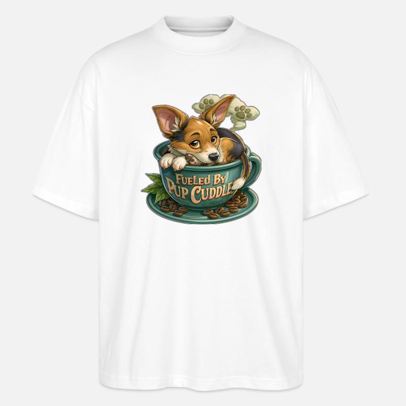 Welpe kuschelt in Kaffeetasse - Stanley/Stella Oversized Unisex Bio T-Shirt Blaster 2.0 - Weiß