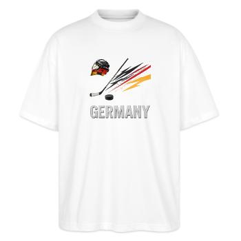 Deutschland Eishockey Kraft - Stanley/Stella Oversized Unisex Bio T-Shirt Blaster 2.0 - Weiß - Vorne - Alina (178cm) & Michal (187cm)