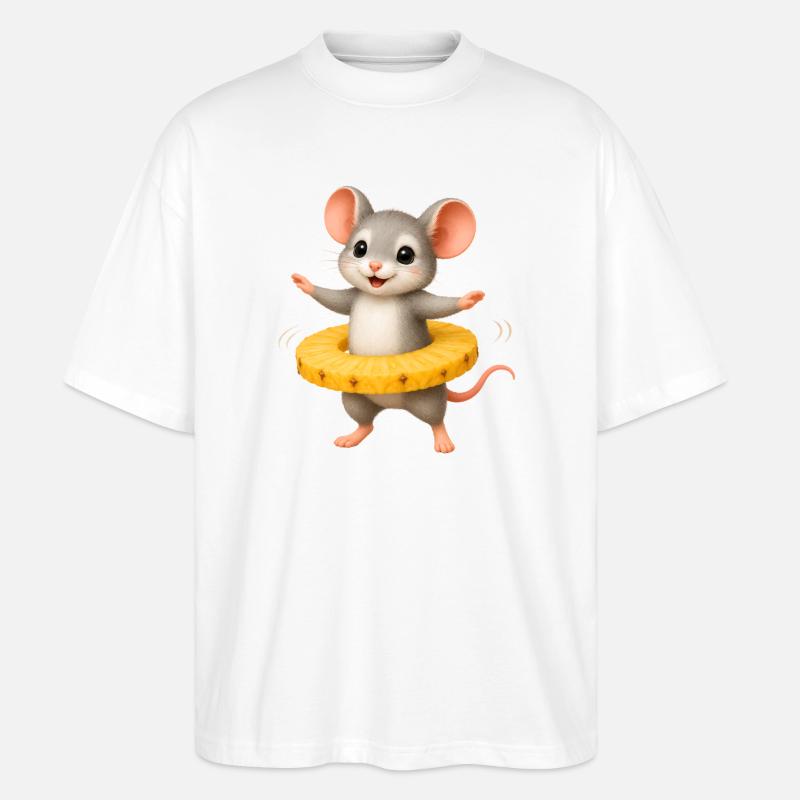 Fröhliche Maus mit Ananas Ring  - Stanley/Stella Oversized Unisex Bio T-Shirt Blaster 2.0 - Weiß