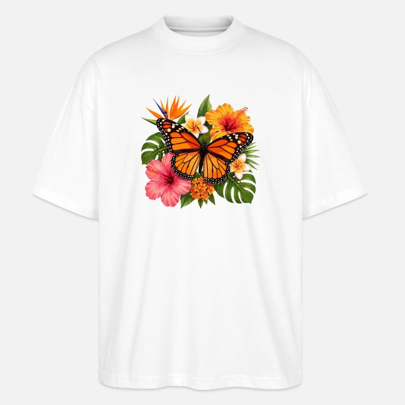 Fleur tropicale du papillon monarque - T-shirt bio Blaster 2.0 coupe oversize Stanley/Stella Unisexe - blanc