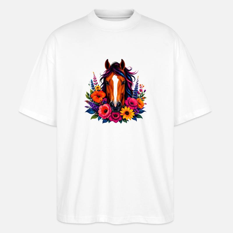 Pferd mit Blütenkranz - Stanley/Stella Oversized Unisex Bio T-Shirt Blaster 2.0 - Weiß