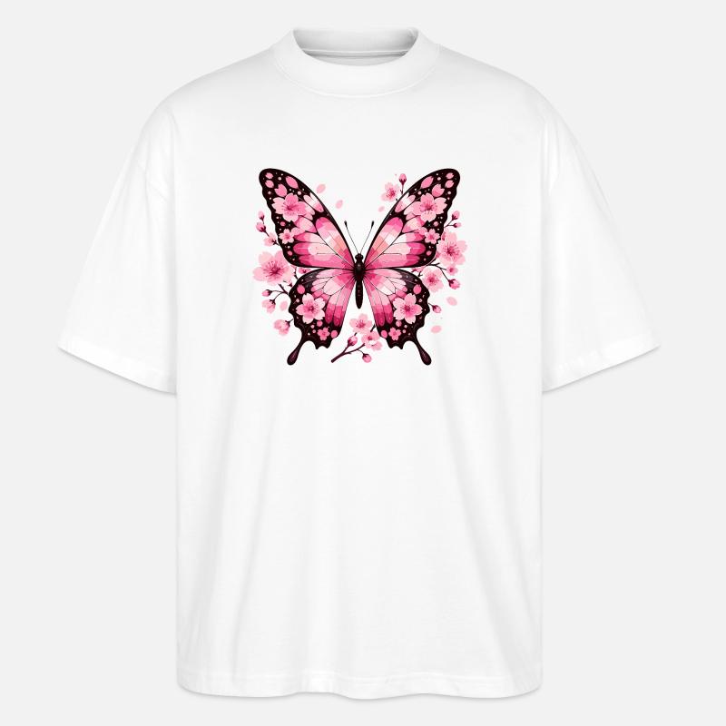 Papillon aux ailes de fleurs roses - T-shirt bio Blaster 2.0 coupe oversize Stanley/Stella Unisexe - blanc
