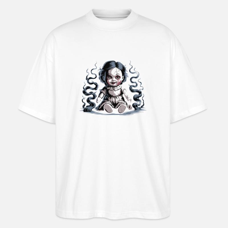 Creepy Doll with Caution Text - Stanley/Stella Oversized Unisex Organic T-shirt Blaster 2.0 - white