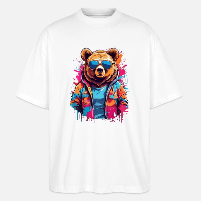 Neonbär in bunter Hoodie - Stanley/Stella Oversized Unisex Bio T-Shirt Blaster 2.0 - Weiß