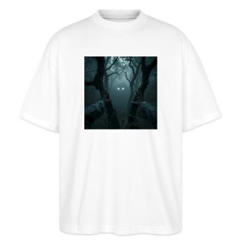 Auge in Auge mit Leszy – Herr des Waldes - Stanley/Stella Oversized Unisex Bio T-Shirt Blaster 2.0 - Weiß - Vorne - Alina (178cm) & Michal (187cm)