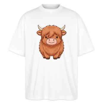 Schottisches Hochlandrind - Stanley/Stella Oversized Unisex Bio T-Shirt Blaster 2.0 - Weiß - Vorne - Alina (178cm) & Michal (187cm)