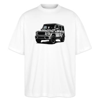G-Klasse Silhouette Illustration - Stanley/Stella Oversized Unisex Bio T-Shirt Blaster 2.0 - Weiß - Vorne - Alina (178cm) & Michal (187cm)