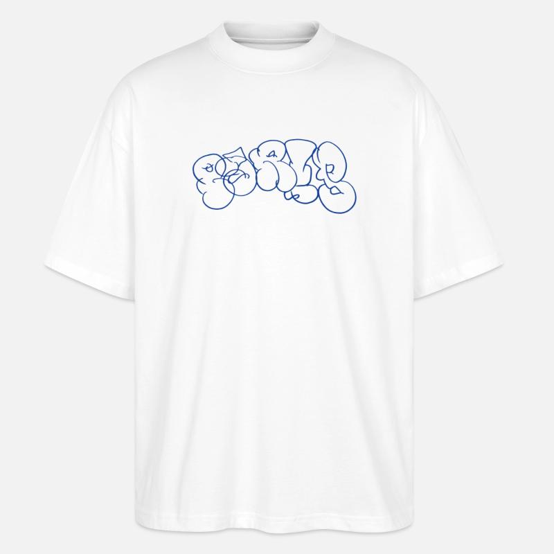 Blauer Graffiti Schriftzug im Paris Style - Stanley/Stella Oversized Unisex Bio T-Shirt Blaster 2.0 - Weiß