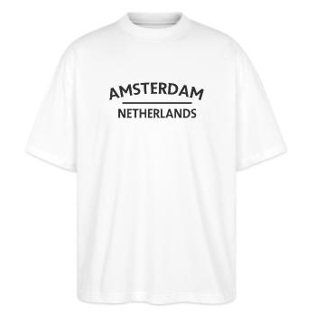 Amsterdam – Niederländisches Textdesign - Stanley/Stella Oversized Unisex Bio T-Shirt Blaster 2.0 - Weiß - Vorne - Alina (178cm) & Michal (187cm)